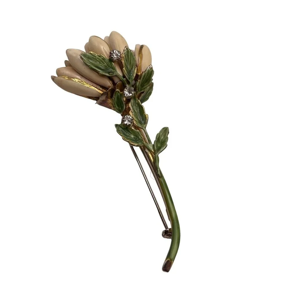 VINTAGE 1940S CREAM ENAMEL SANDOR CHRYSANTHEMUM FLOWER RHINESTONE BROOCH PIN‎